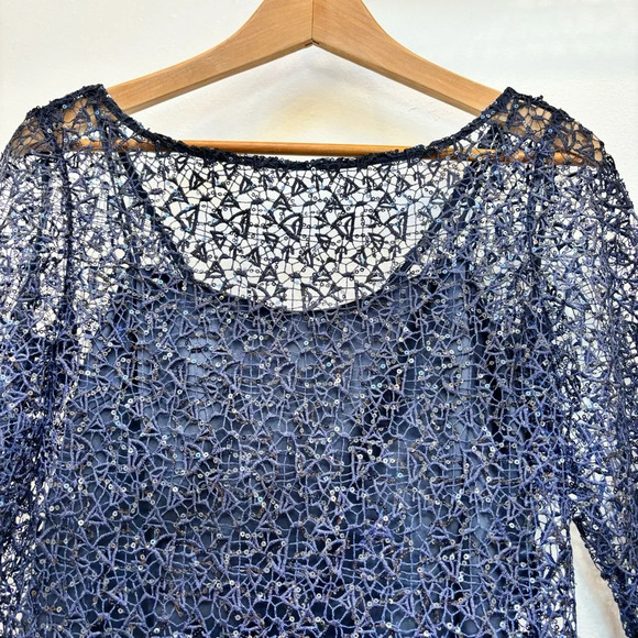 Kay Unger Sequin Lace Sheath Dress Long Sleeve Cocktail  Evening Navy Blue 6 - Picture 5 of 14